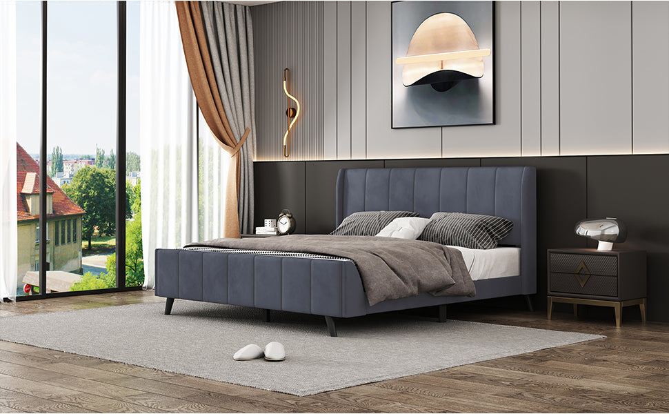 Queen Size Upholstered Platform Bed, Velvet, Gray - Atlantic Fine Furniture Melbourne FL