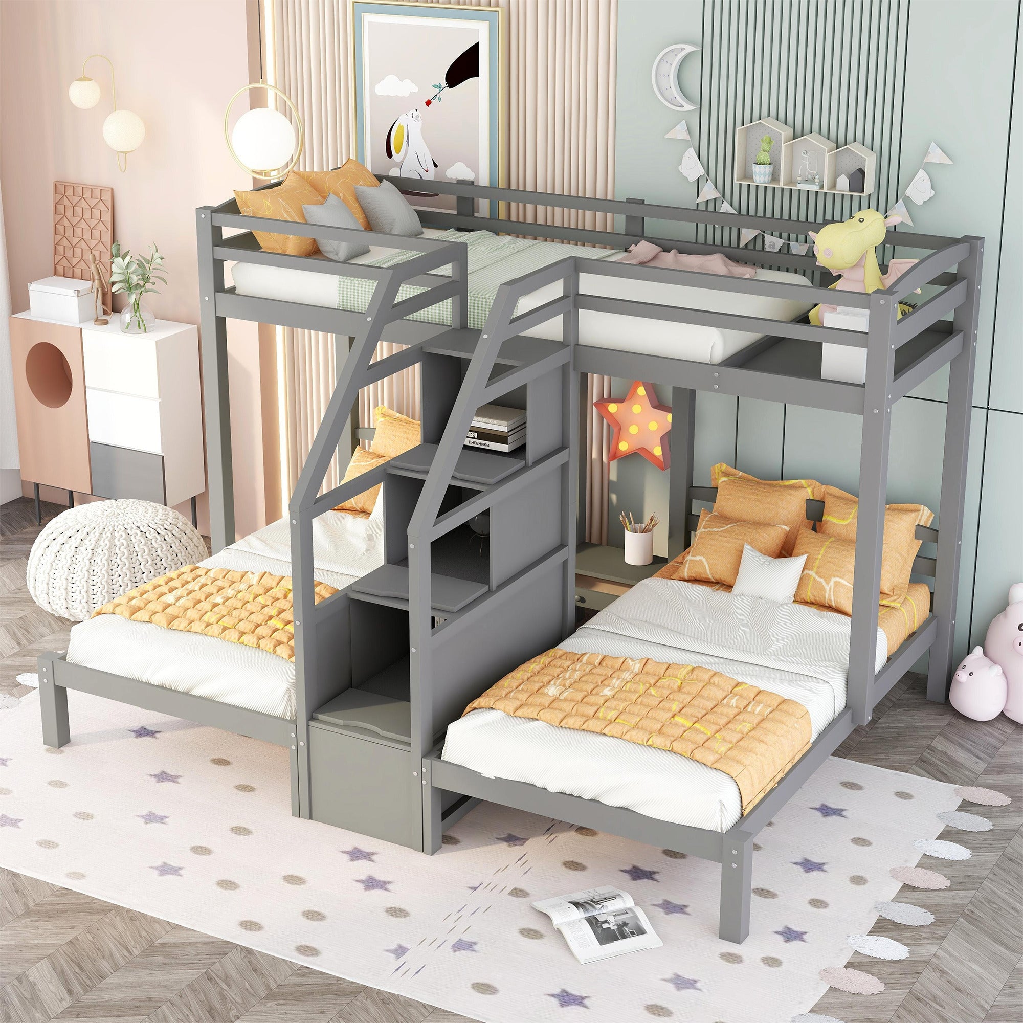 Twin over Twin & Twin Bunk Bed with Built-in Staircase and Storage Drawer,Gray - Atlantic Fine Furniture Melbourne FL