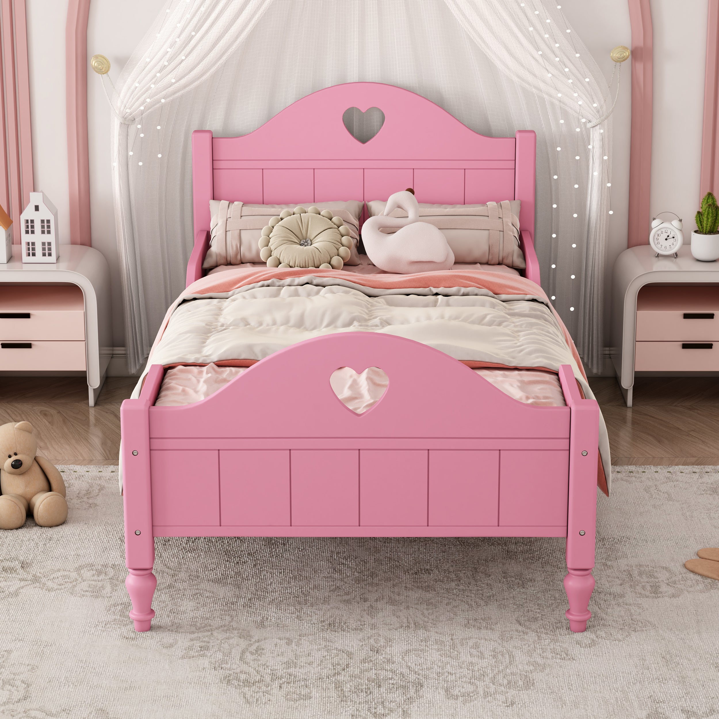 Girl's Love Princess Bed Macaron Twin Size Toddler Bed with Side Safety Rails and Headboard and Footboard , Light Pink