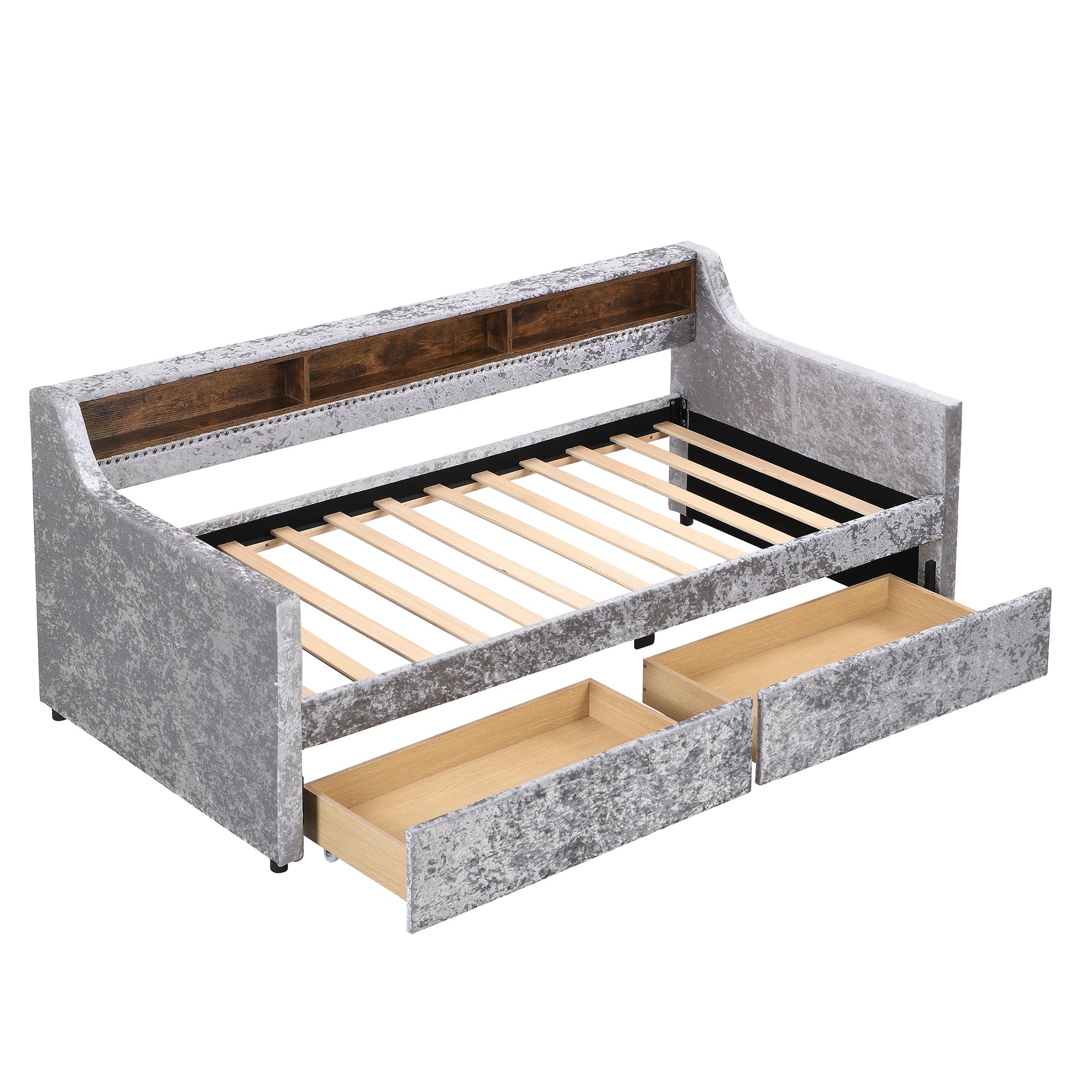 Twin Size Snowflake Velvet Daybed with Two Storage Drawers and Built-in Storage Shelves,Gray - Atlantic Fine Furniture Melbourne FL