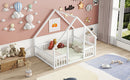 Wood House-Shaped Floor Bed With Fence, Guardrails