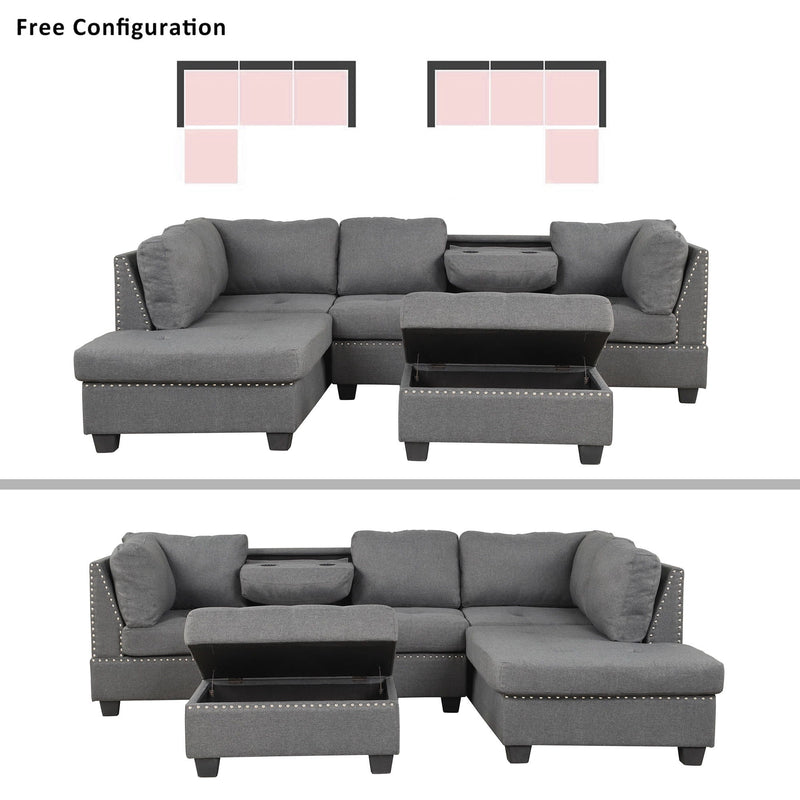 Reversible Sectional Sofa Space Saving With Storage Ottoman Rivet Ornament L-Shape Couch For Small Or Large Space Dorm Apartment