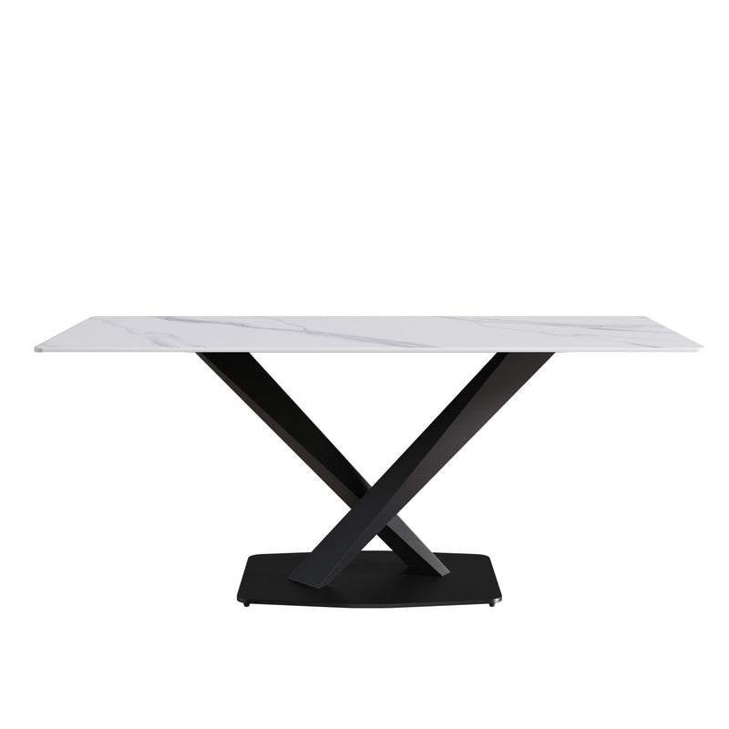 70.87" Modern Artificial Stone White Straight Edge Black Metal Leg Dining Table, Can Accommodate 6-8 People - White