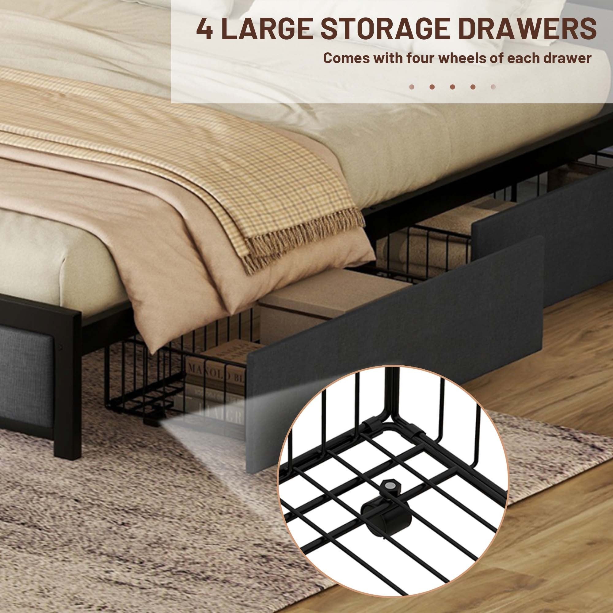 Queen Bed Frame with LED Headboard, Upholstered Bed with 4 Storage Drawers and USB Ports, Dark Grey - Atlantic Fine Furniture Melbourne FL