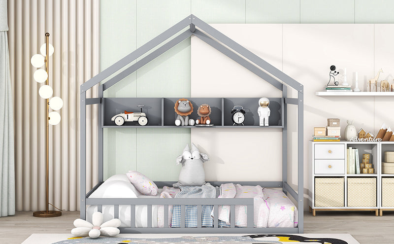 Wooden Full Size House Bed with Storage Shelf,Kids Bed with Fence and Roof, Gray