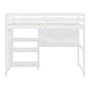 Twin Size Wooden Loft Bed with Shelves, Desk and Writing Board - White