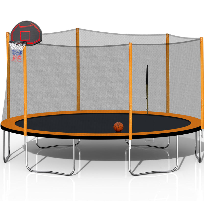 14Ft Powder-Coated Advanced Trampoline With Basketball Hoop Inflator And Ladder (Outer Safety Enclosure) - Orange