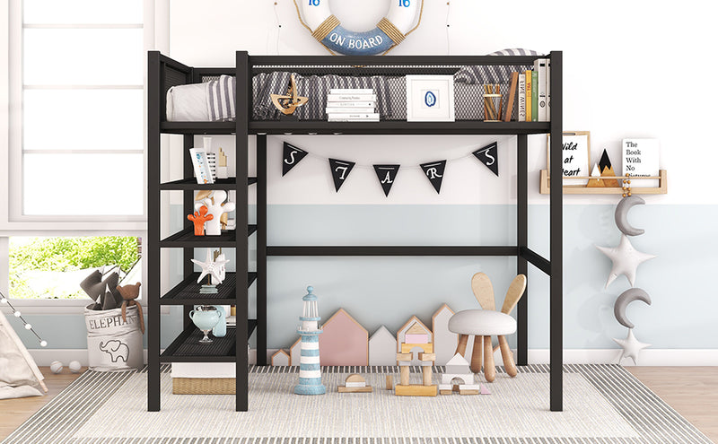 Full Size Metal Loft Bed with 4-Tier Shelves and Storage, Black