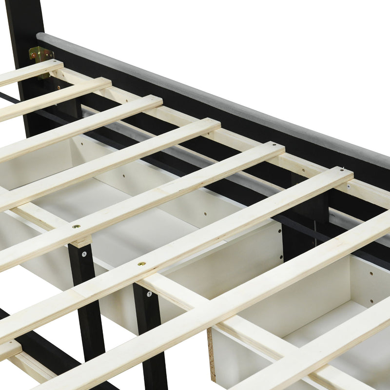 Upholstered Platform Bed With 2 Drawers And 1 Trundle, Classic Strip Headboard Design