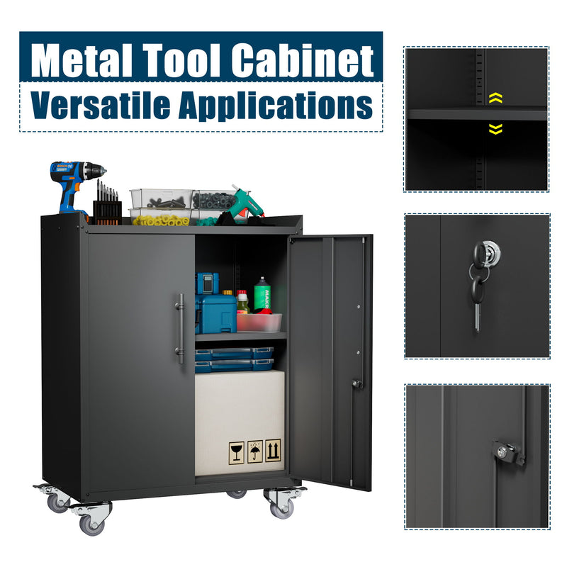 2 Door Tool Cabinets For Garage, Lockable Garage Storage Cabinet, Locking Storage Cabinet With Wheels, Rolling Tool Chest - Black