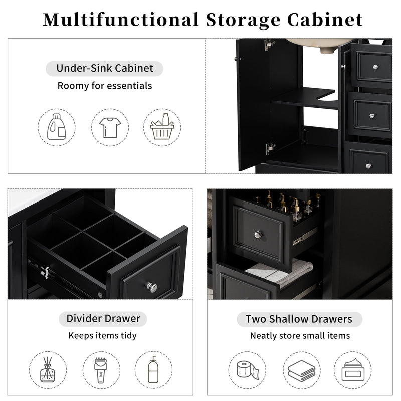 Bathroom Vanity With Sink, Soft-Close Doors, Adjustable U-Shelf, 3 Drawers