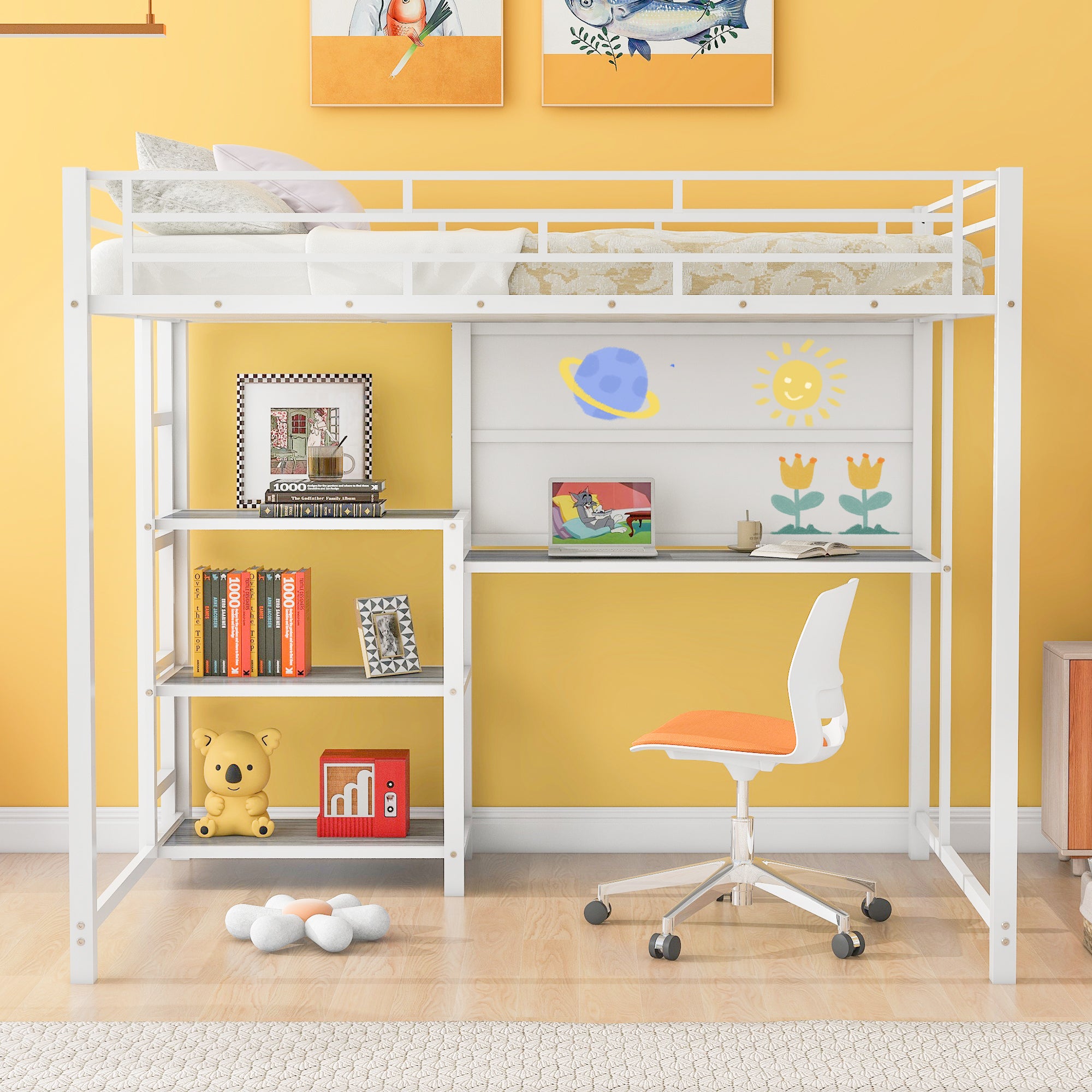 Full Size Loft Bed with Desk and Whiteboard, Metal Loft Bed with 3 Shelves and Ladder, White - Atlantic Fine Furniture Melbourne FL