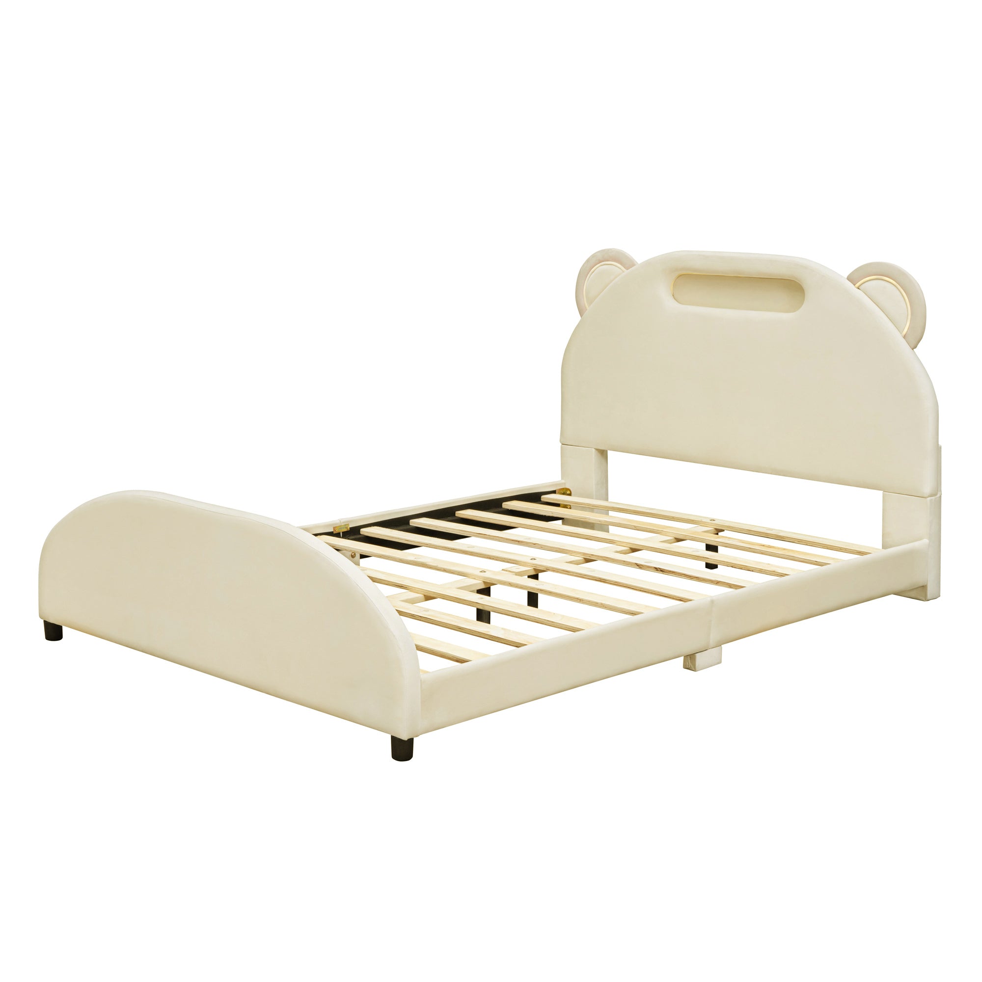 Full Size Upholstered Platform Bed with Bear-Shaped Headboard and Embedded Light Stripe, Velvet, Beige - Atlantic Fine Furniture Melbourne FL