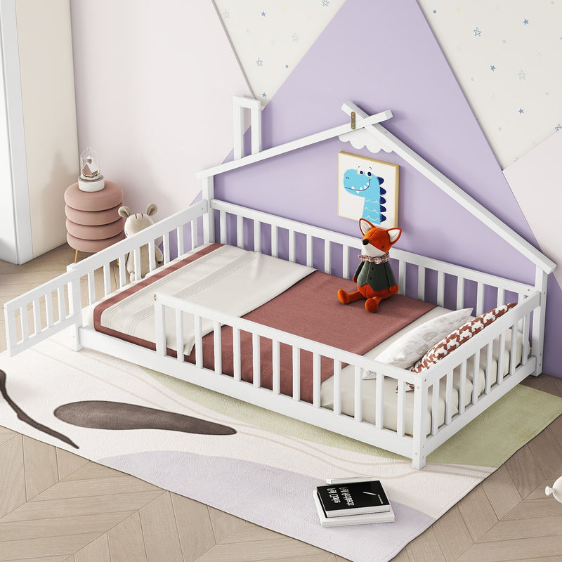 Twin House-Shaped Bedside Floor Bed with Guardrails, Slats, with Door,White