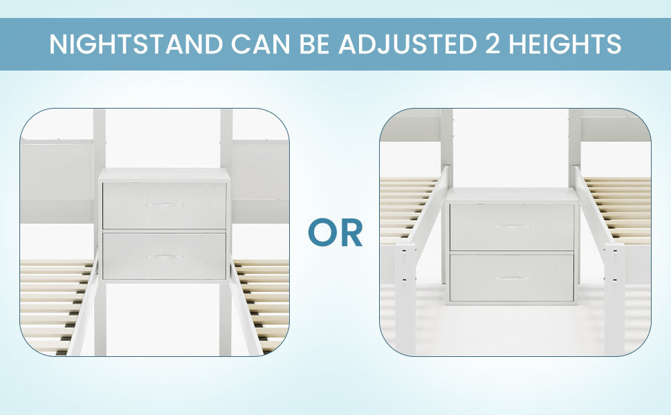 Full Over Twin & Twin Bunk Bed Metal Triple Bed With Nightstand and Guardrails. White, 96.9'' L x 76'' W x 69'' H