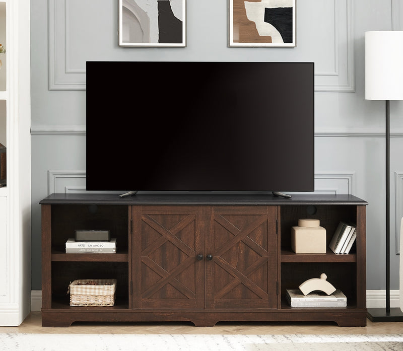 Modern Farmhouse TV Media Stand, Large Barn Inspired Home Entertainment Console, for TV Up to 80'', with Open Shelves and Closed Cabinets, Espresso and Black, 70"W*15.55"D*26.89"H