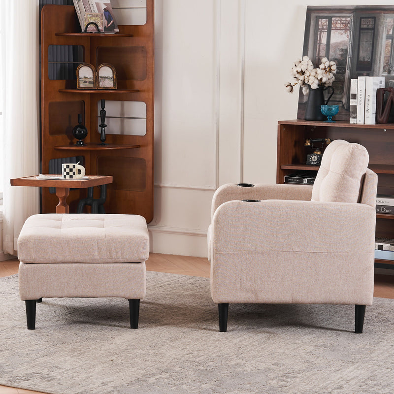 Beige Upholstered Armchair And Storage Ottoman Set, Comfortable Single Sofa With Cup Holders And Tufted Detailing, Ideal For Living Room Or Bedroom - Beige