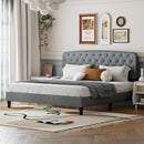 King size Adjustable Headboard with Fine Linen Upholstery and Button Tufting for Bedroom,  Wave Top  LIGHT GREY