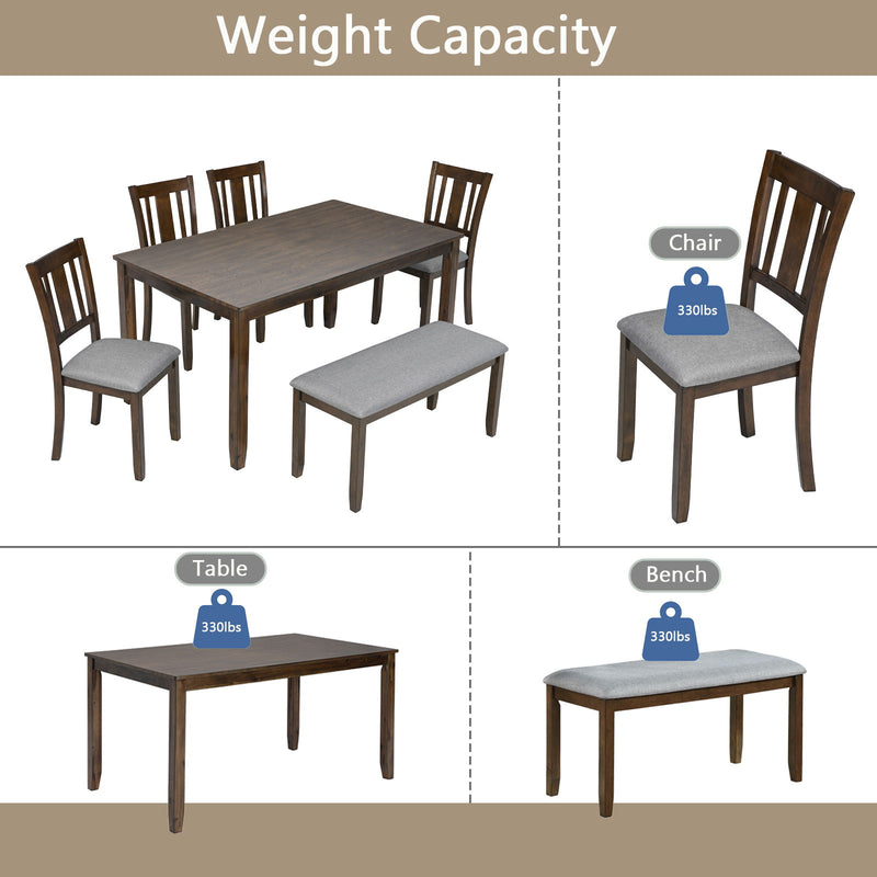 6 Pieces Kitchen Dining Set, Rectangular Wooden Dining Table With 4 Upholstered Chairs And A Bench