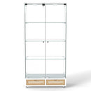 Glass Display Cabinet With LED Lights, Tempered Glass Doors, Large Drawers, 2 Door Storage Case With 4 Shelves - Natural / White