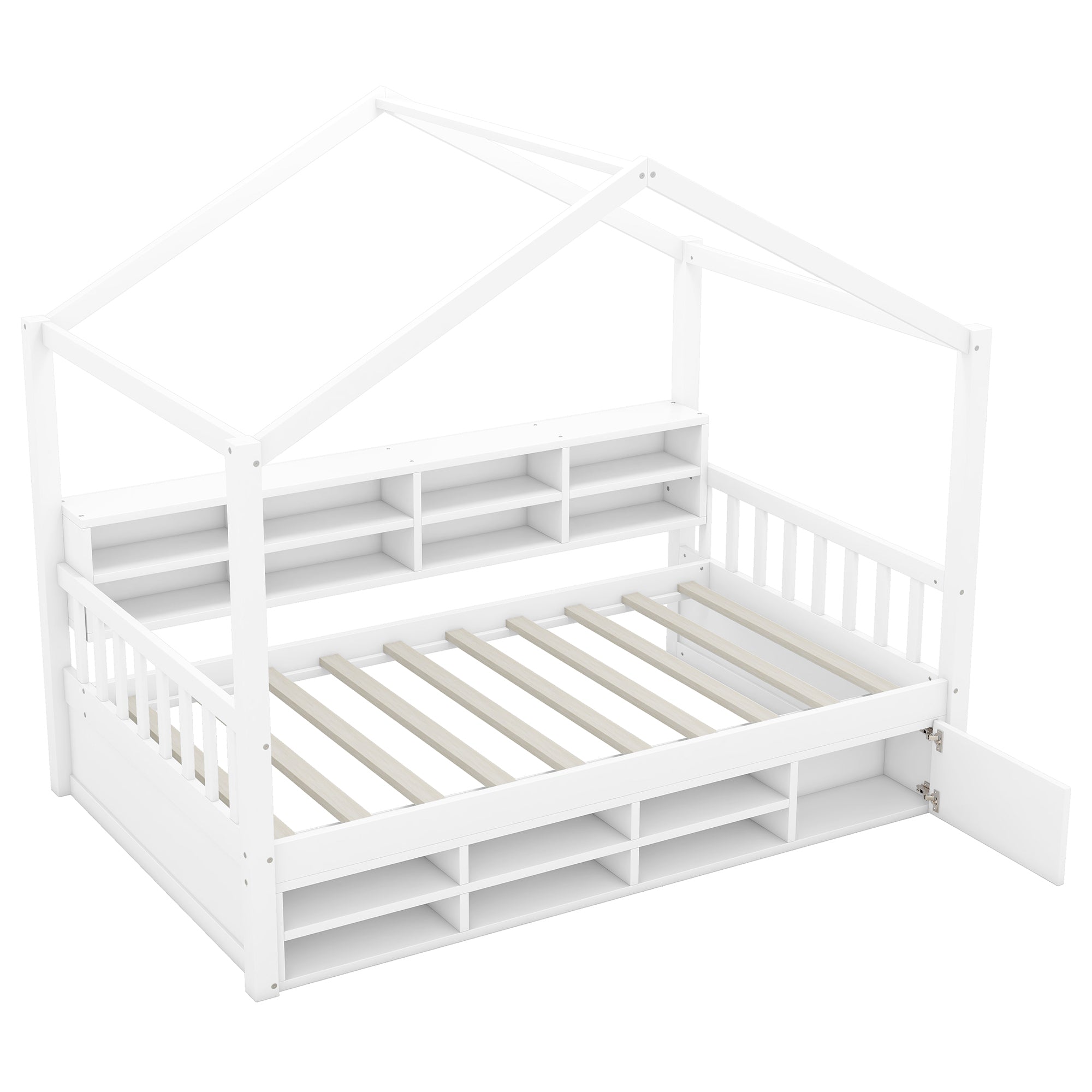 Twin Size Wooden House Bed with Shelves and a Mini-cabinet, White - Atlantic Fine Furniture Melbourne FL