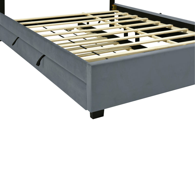 Queen Size  Velvet Storage Platform Bed, with 2 Big Drawers, Twin XL Size Trundle and LED Light, Gray