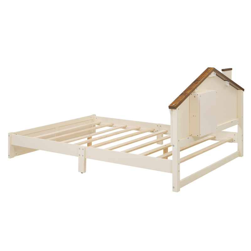 Full Size Wood Platform Bed with House-shaped Headboard and Built-in LED, Walnut+Milk White