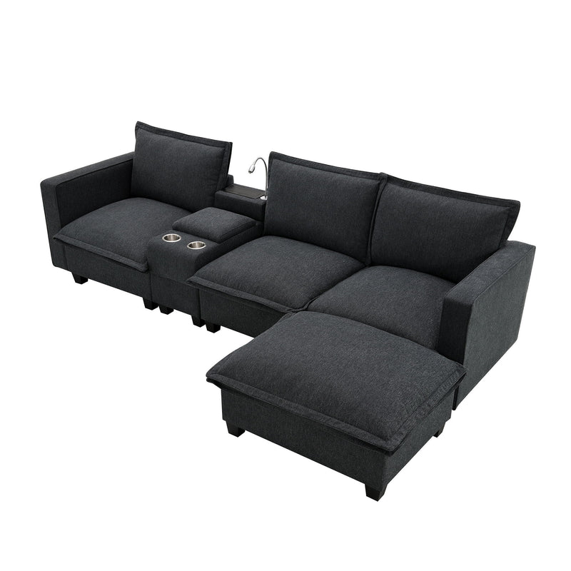 Modern Sectional Cloud Sofa With Console, USB Charging Port, Reading Light, Cup Holder, 4 Seat Chenille Modular Couch, Storable Indoor Funiture For Living Room, Apartment