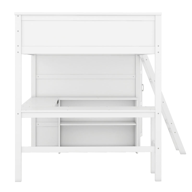 Full size Loft Bed with Desk, Shelves and Wardrobe-White