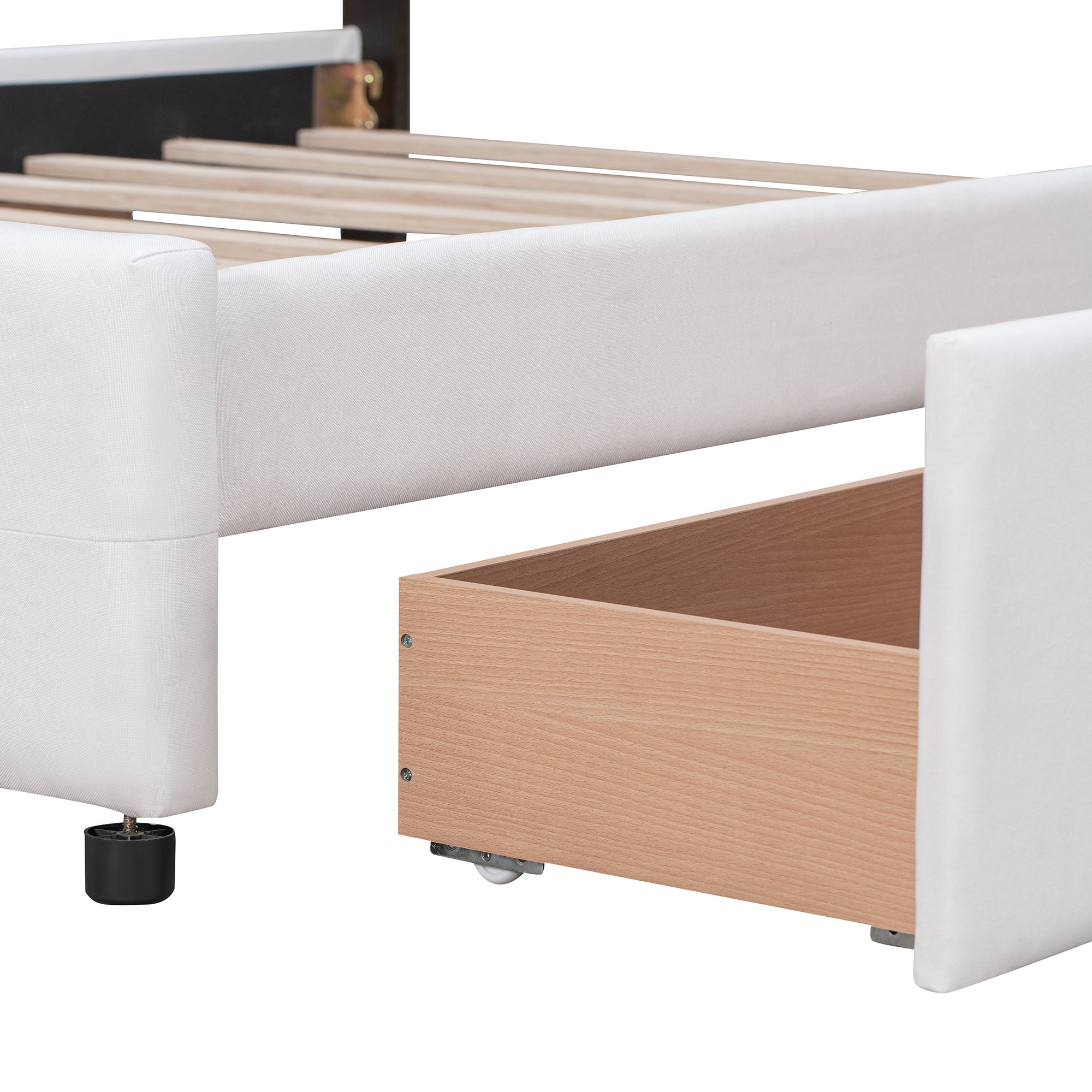 Upholstered Platform Bed with Classic Headboard and 4 Drawers, No Box Spring Needed, Linen Fabric, Queen Size White - Atlantic Fine Furniture Melbourne FL