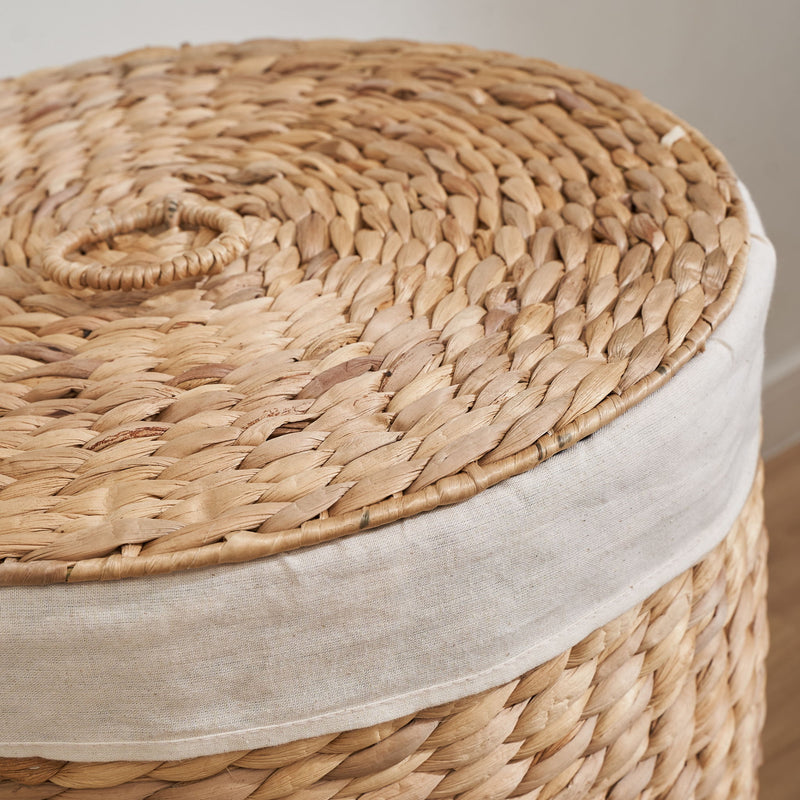 Round Tall Water Hyacinth Woven Wicker Laundry Hamper With Lid - For Clothes, Canvas, Toys And Book Storage With Removable Liner - 15" X 15" X 20" - Natural Brown