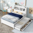 Full Size Platform Bed With Trundle, Drawers, USB Ports And Built In Shelves - White