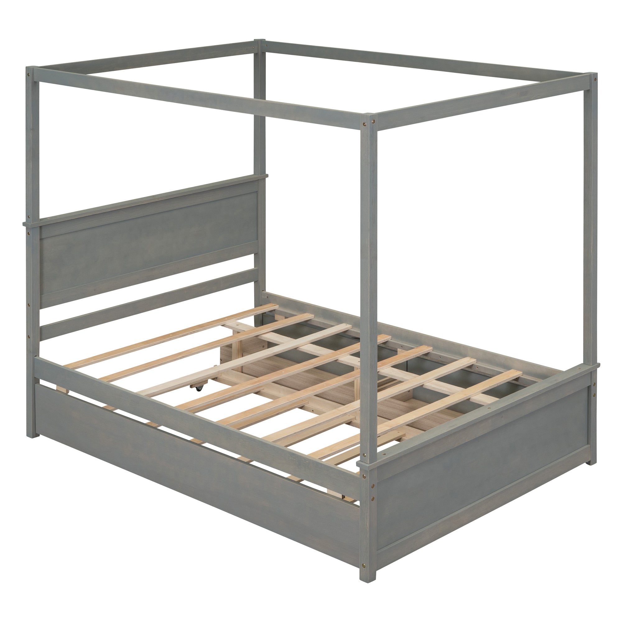 Wood Canopy Bed with Trundle Bed and two Drawers ,Full Size Canopy Platform bed With Support Slats .No Box Spring Needed, Brushed Gray - Atlantic Fine Furniture Melbourne FL