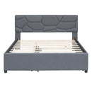 Queen Size Upholstered Platform Bed with Brick Pattern Headboard and Twin XL Size Trundle, Linen Fabric, Gray