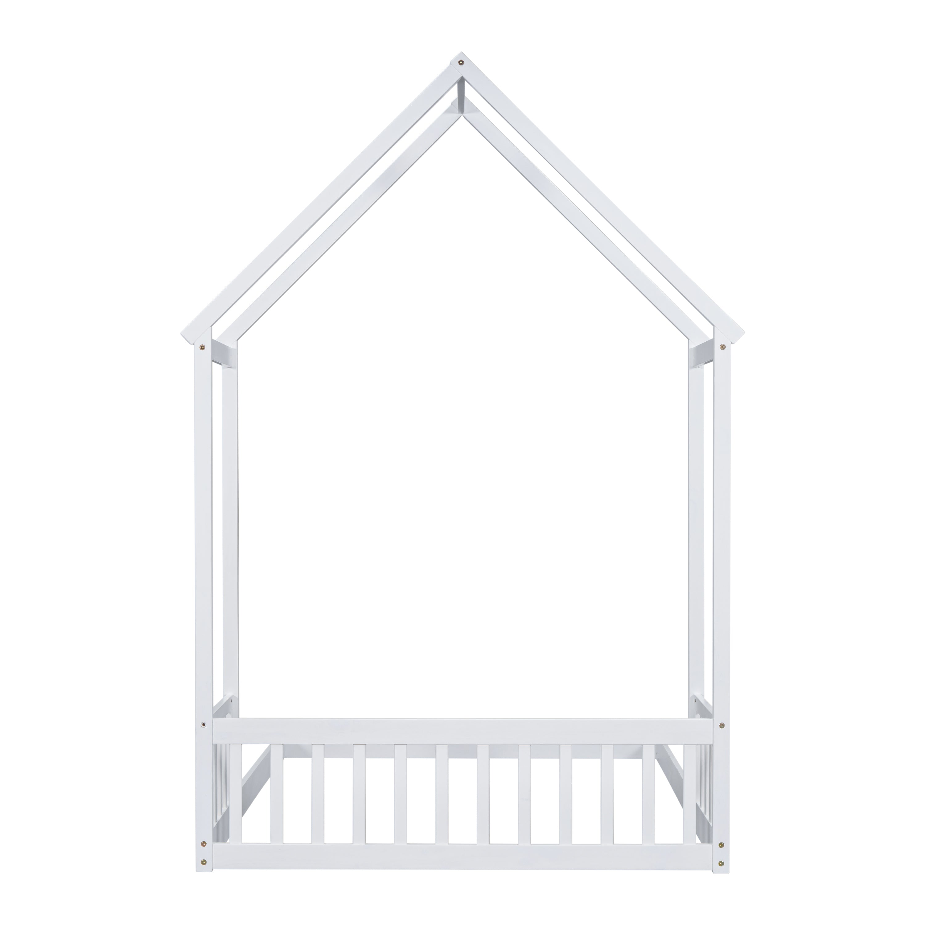 Full Roof-framed Headboard Floor Bed with Headboard Guardrails, without Slats White