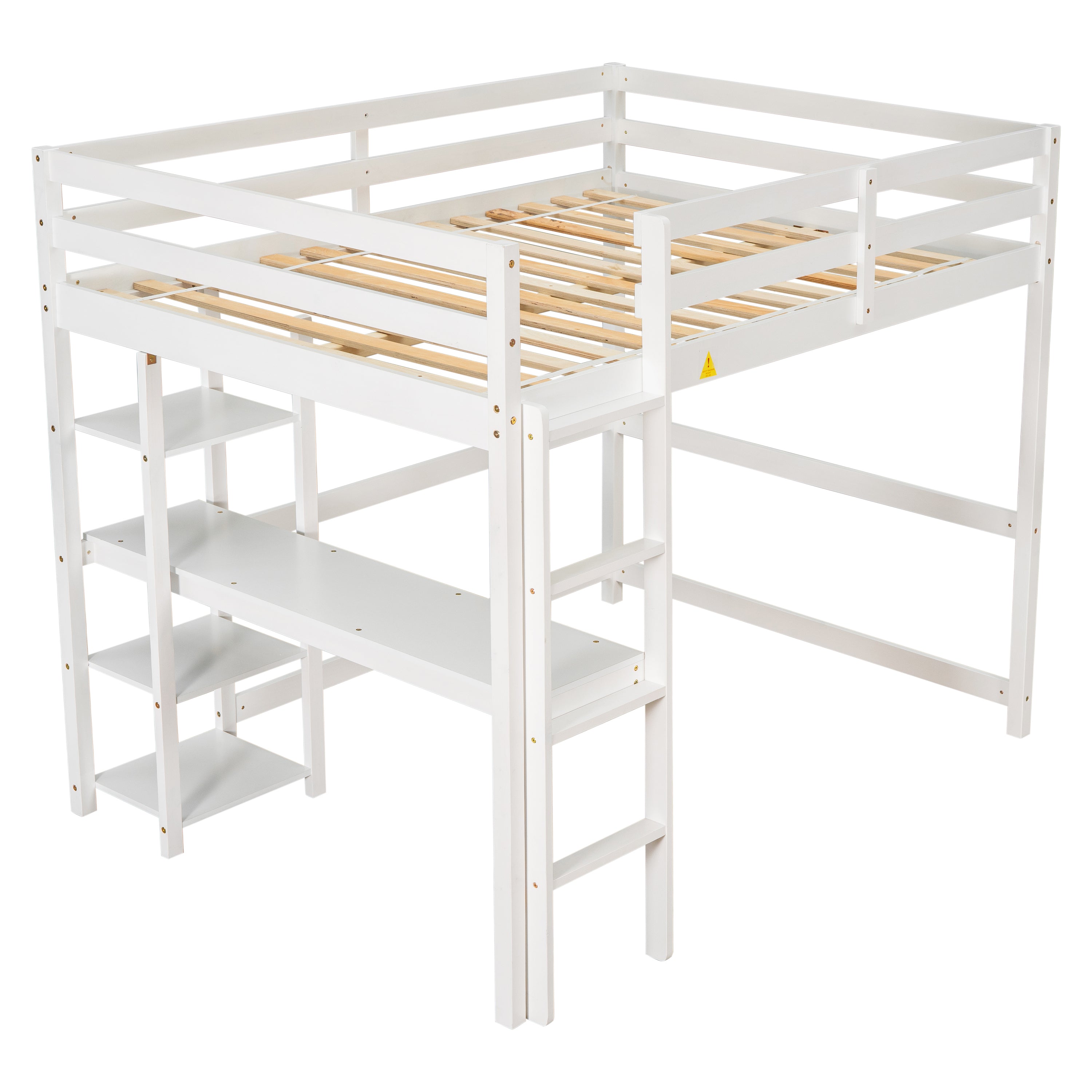 Full Loft Bed with Desk and Shelves,White