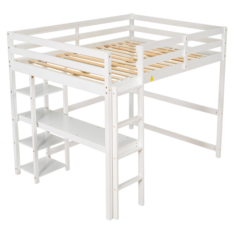 Full Loft Bed with Desk and Shelves,White