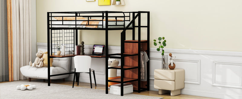 Twin Size Metal Loft Bed with Desk and Metal Grid, Stylish Metal Frame Bed with Lateral Storage Ladder and Wardrobe, Black