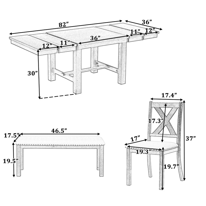 Topmax - 6 Piece Farmhouse Extendable Dining Table With Footrest, 4 Upholstered Dining Chairs And Dining Bench, Two 11" Removable Leaf