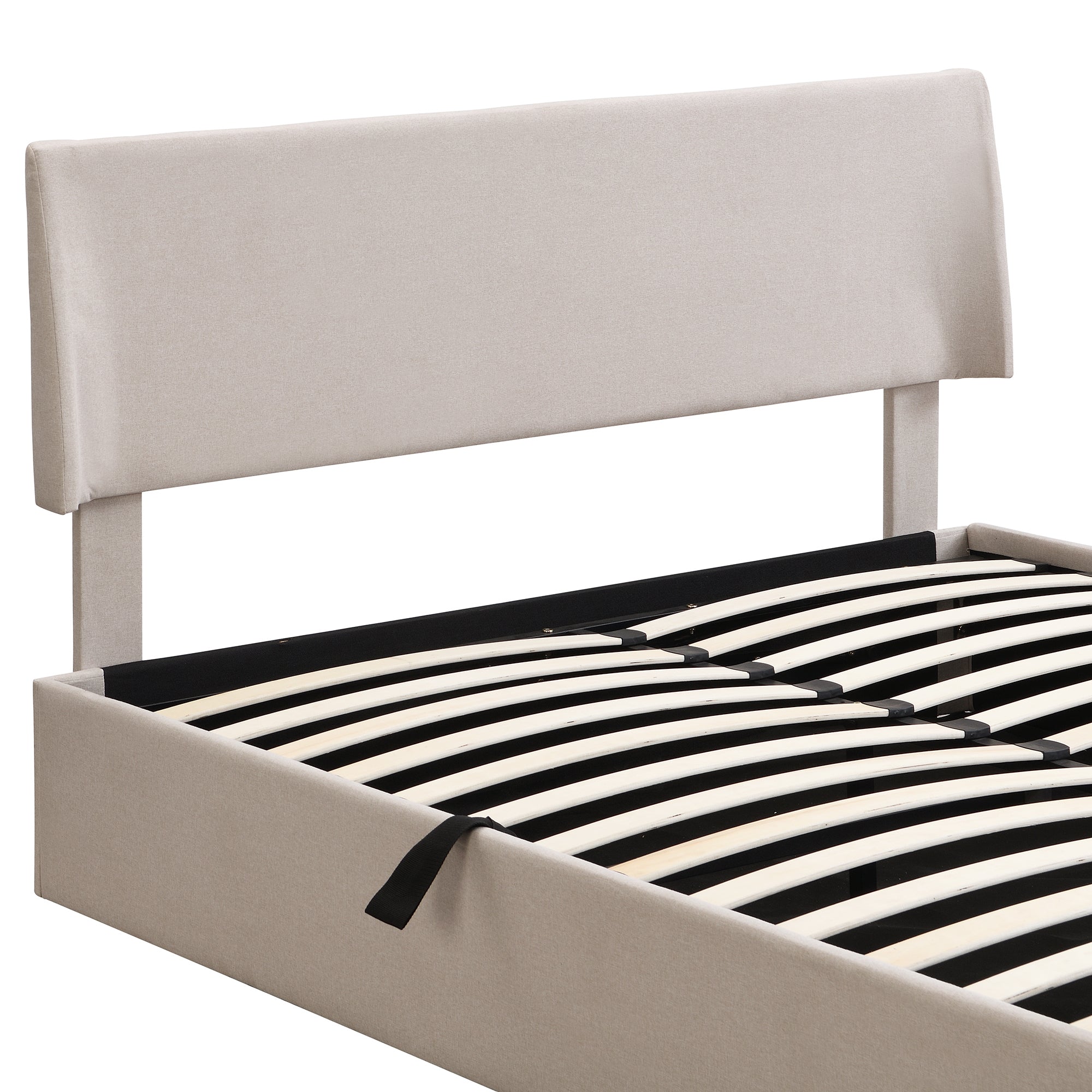 Queen Size Sleigh Bed with Side-Tilt Hydraulic Storage System, Linen Upholstery, Beige - Atlantic Fine Furniture Melbourne FL