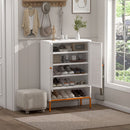 Grid Double Door Shoe Cabinet With Adjustable Compartments And Moisture-Proof Design In White Metal