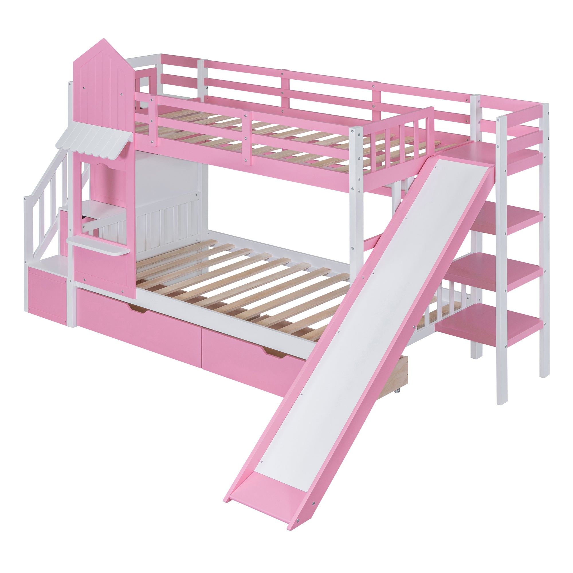 Twin-Over-Twin Castle Style Bunk Bed with 2 Drawers 3 Shelves and Slide - Pink - Atlantic Fine Furniture Melbourne FL