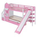 Twin-Over-Twin Castle Style Bunk Bed with 2 Drawers 3 Shelves and Slide - Pink