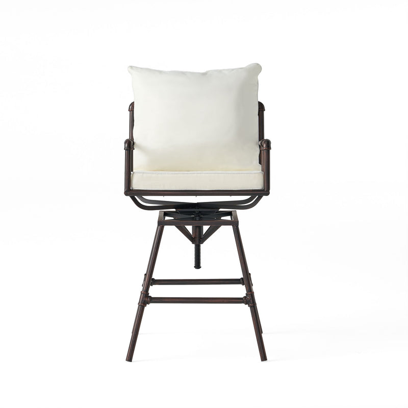 Industrial Outdoor Patio Plumber's Iron Frame Swivel Barstool With Cushions, Height Adjustable