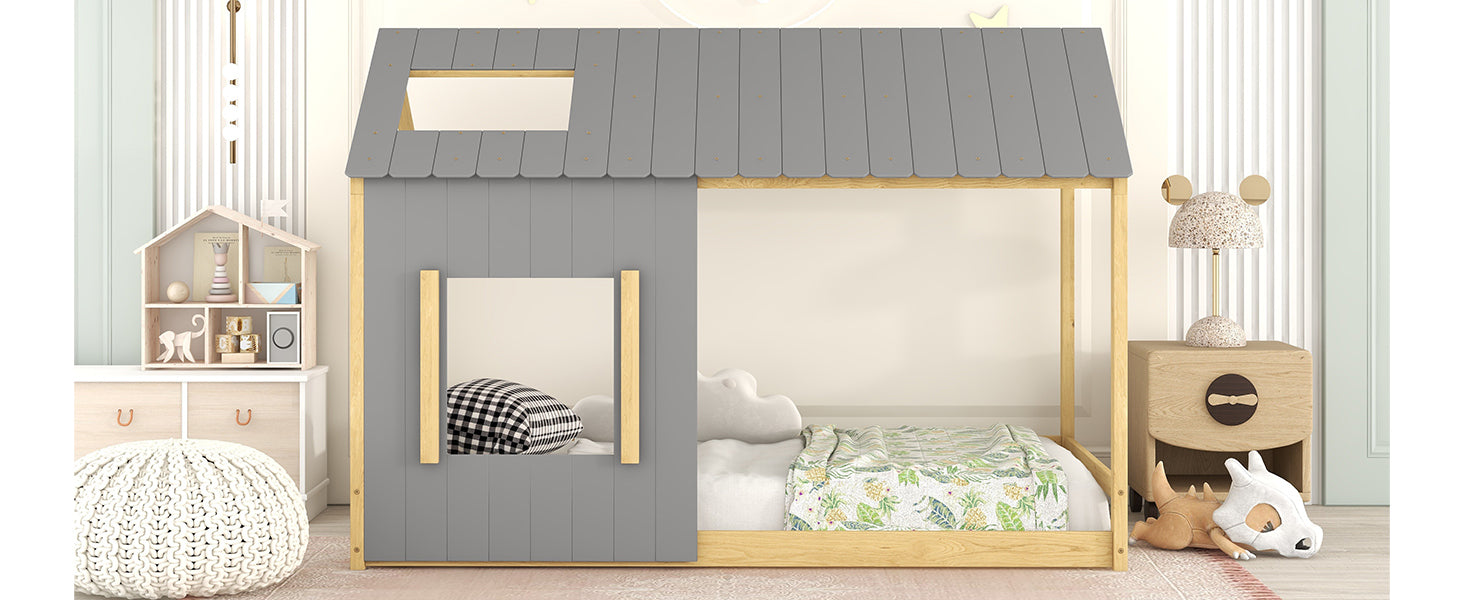Twin Size House Bed with Roof and Window - Gray+Natural - Atlantic Fine Furniture Melbourne FL