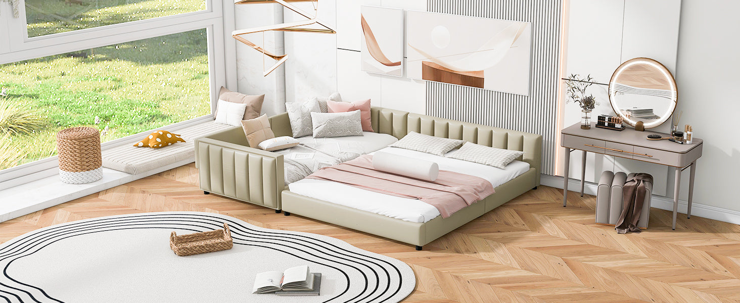 Queen Size & Twin XL Size Upholstered Platform Bed, Mother & Child Bed, PU Leather, Beige - Atlantic Fine Furniture Melbourne FL