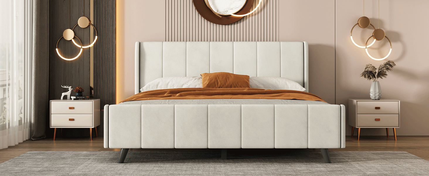 Queen Size Upholstered Platform Bed, Velvet, Beige - Atlantic Fine Furniture Melbourne FL