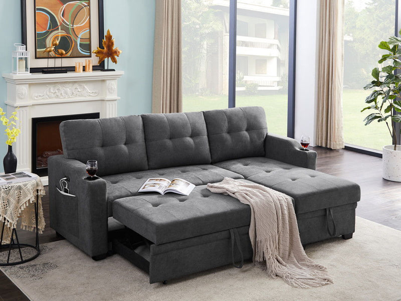 Mabel - Woven Fabric Sleeper Sectional With Cupholder, USB Charging Port nd Pocket - Dark Gray