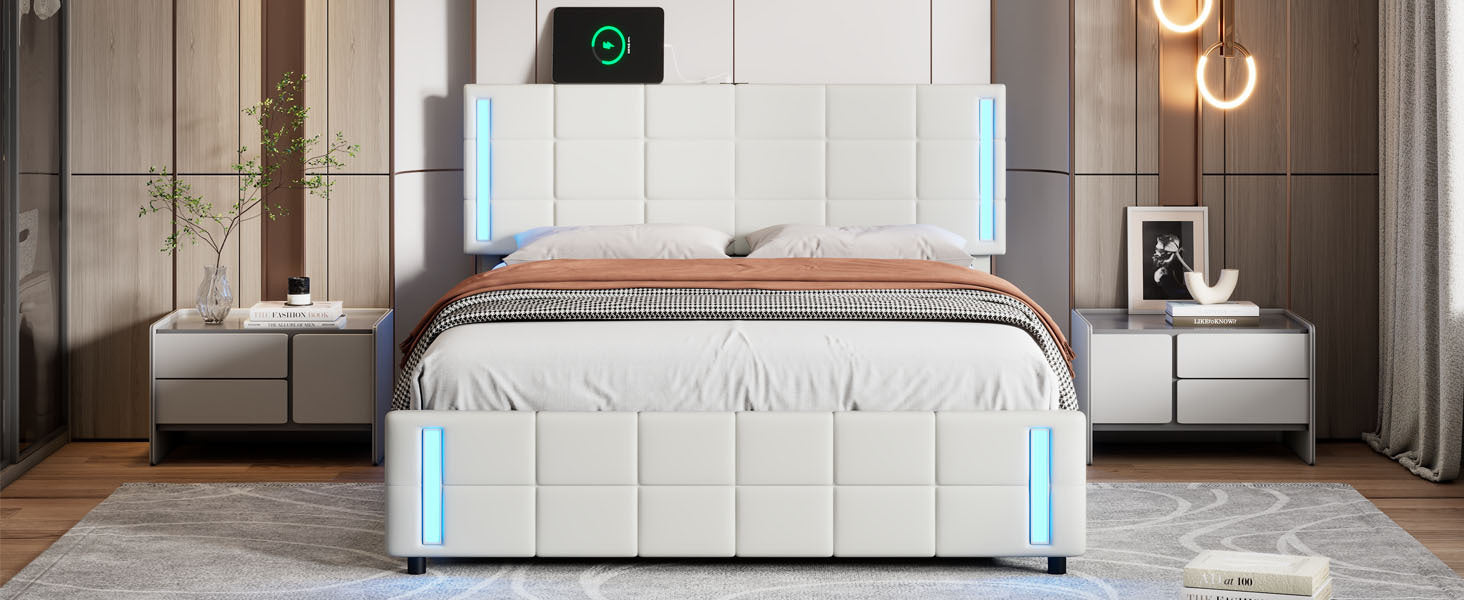 Queen Size Upholstered Platform Bed with LED Lights and USB Charging, Storage Bed with 4 Drawers, White - Atlantic Fine Furniture Melbourne FL