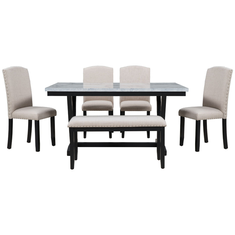 6 Piece Dining Table Modern Style With 4 Chairs & 1 Bench, Table With Marbled Veneers Tabletop And V-Shaped Table Legs - White